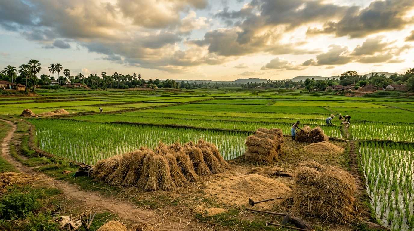 Lush rice paddy landscape during harvest in rural Odisha with straw and rice husk biomass